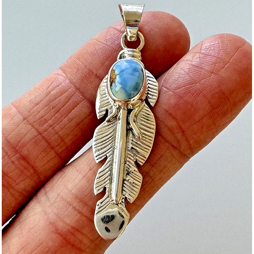 Navajo Feather Pendant Golden Hills Turquoise Sterling Signed Delgarito Blue S